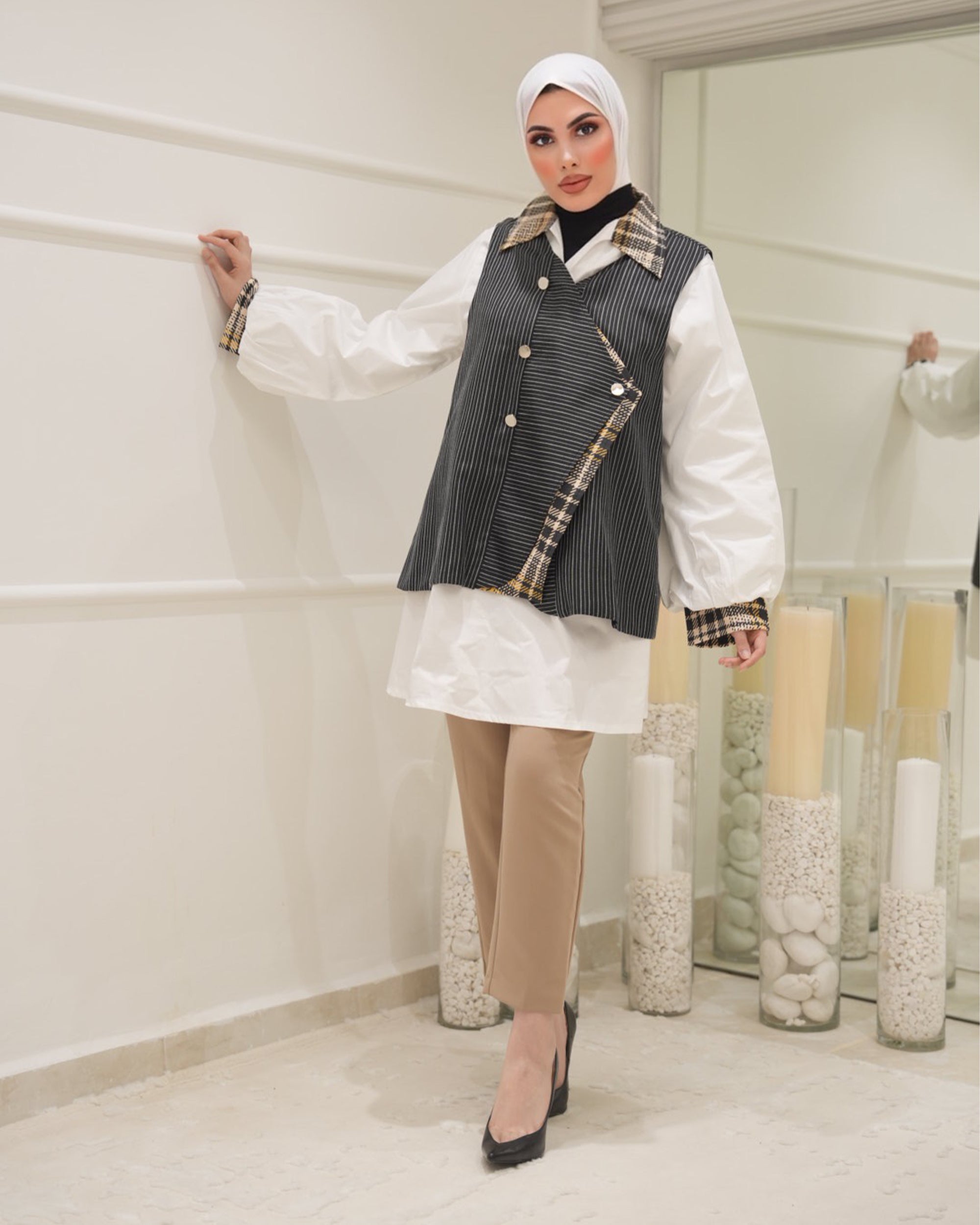 قميص و فيست موديل 1122 - بوبلين - أبيض وأسود
