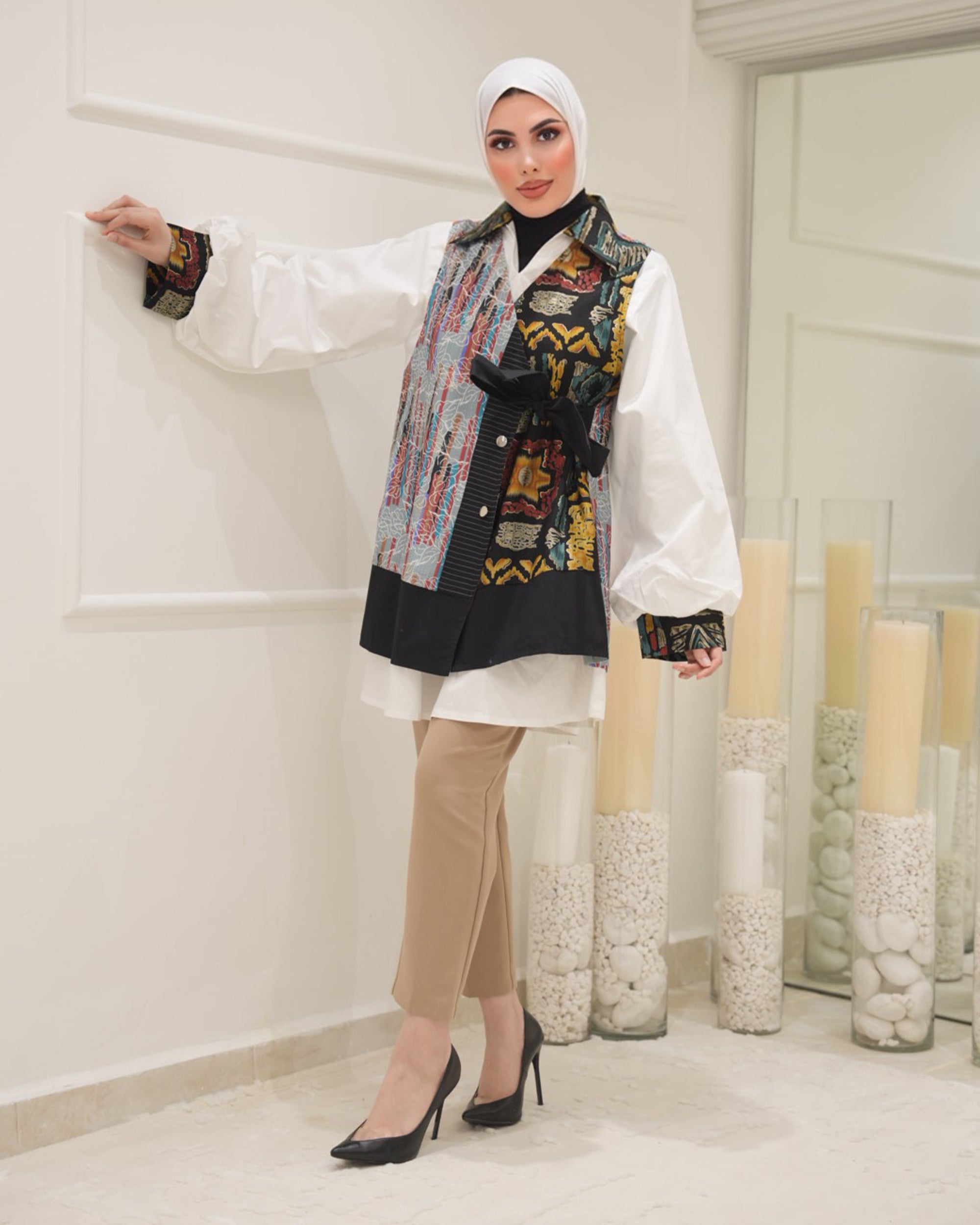 قميص و فيست موديل 1123 - بوبلين - أبيض وأسود