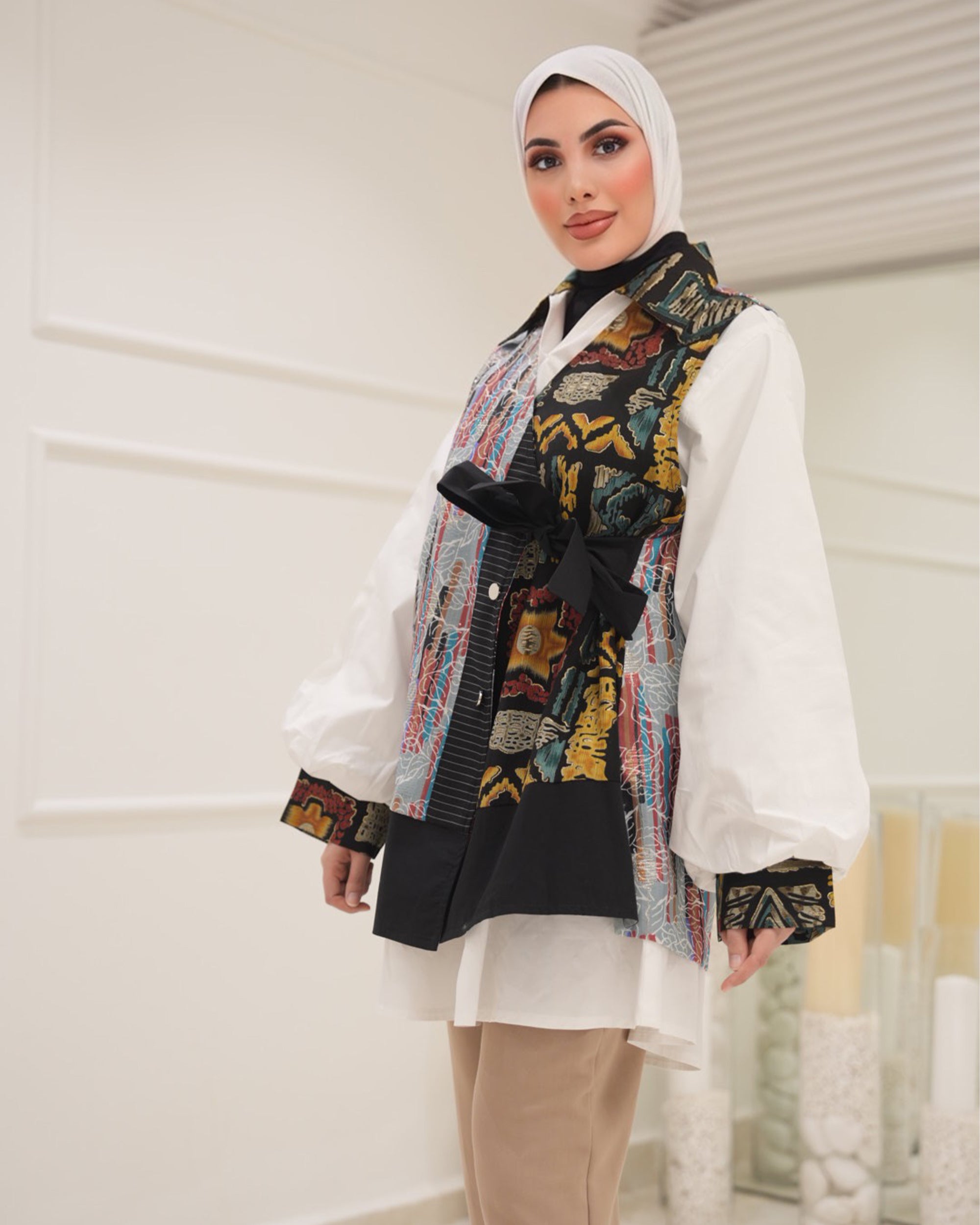 قميص و فيست موديل 1123 - بوبلين - أبيض وأسود