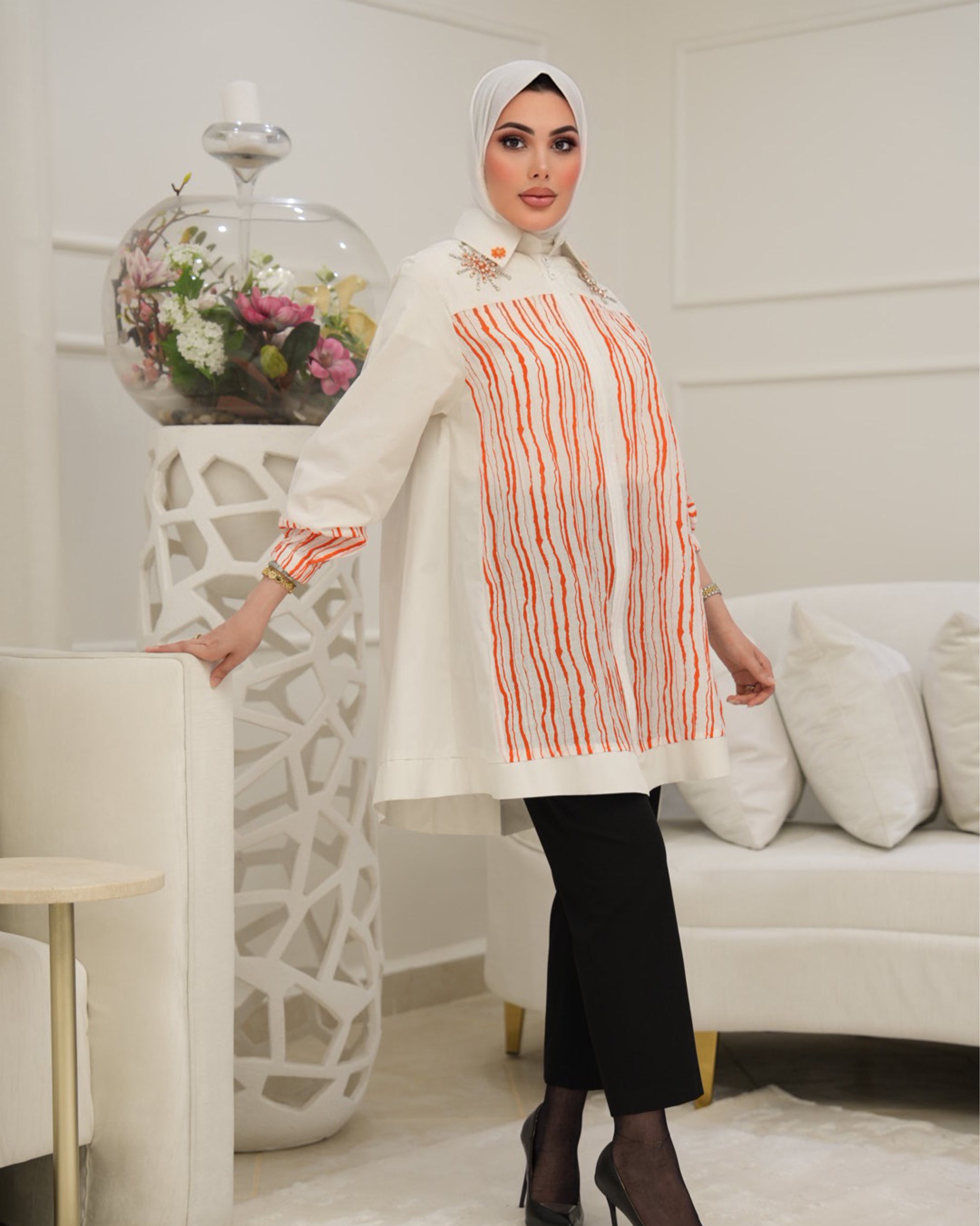 Shirt Model 1129 - Poplin - White & Orange