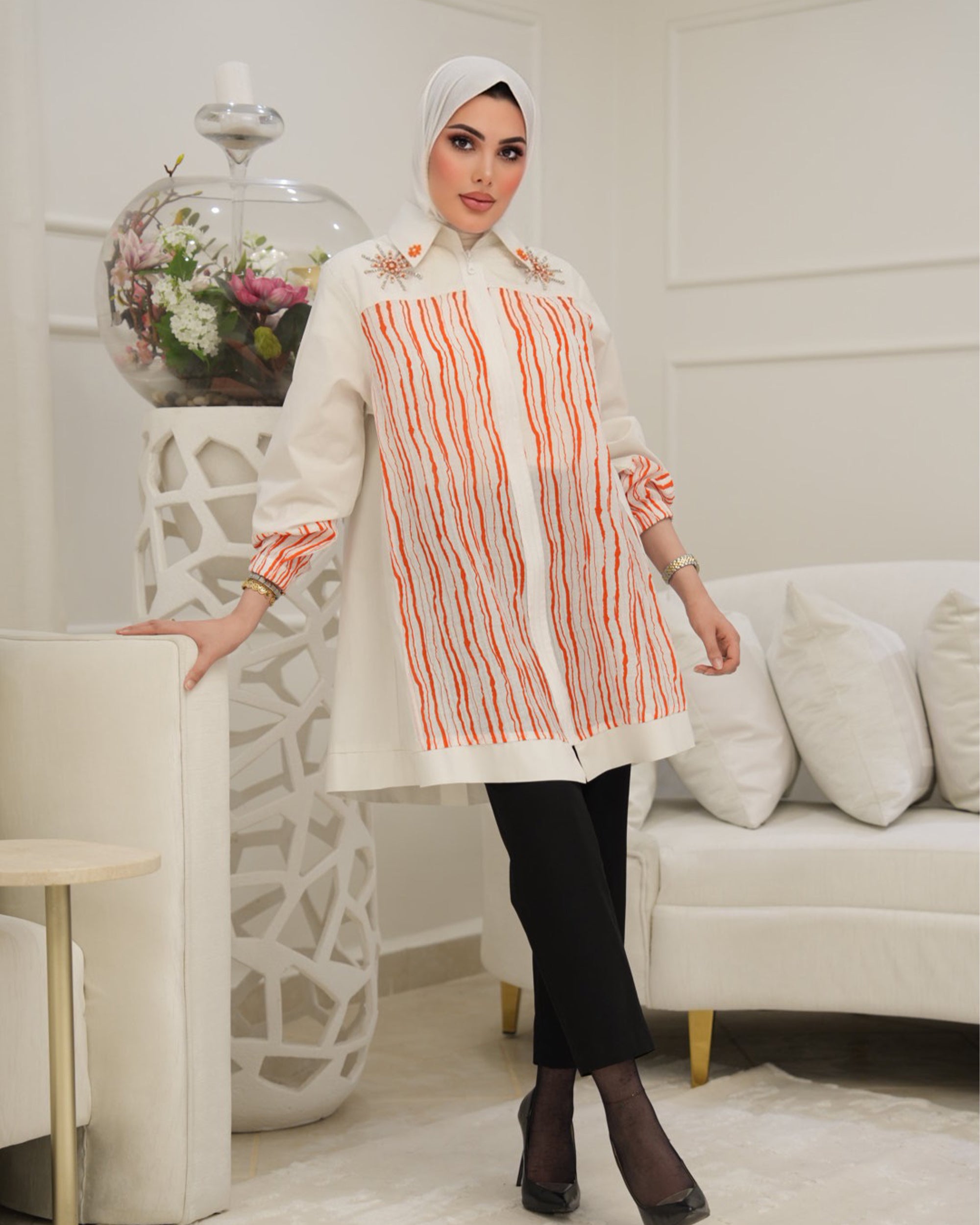 Shirt Model 1129 - Poplin - White & Orange